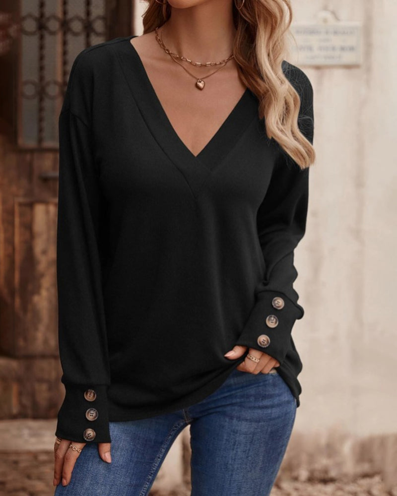 Solid V-Neck Top with Button Details and Long Sleeves