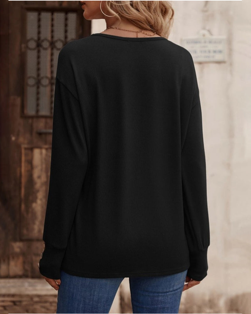 Solid V-Neck Top with Button Details and Long Sleeves