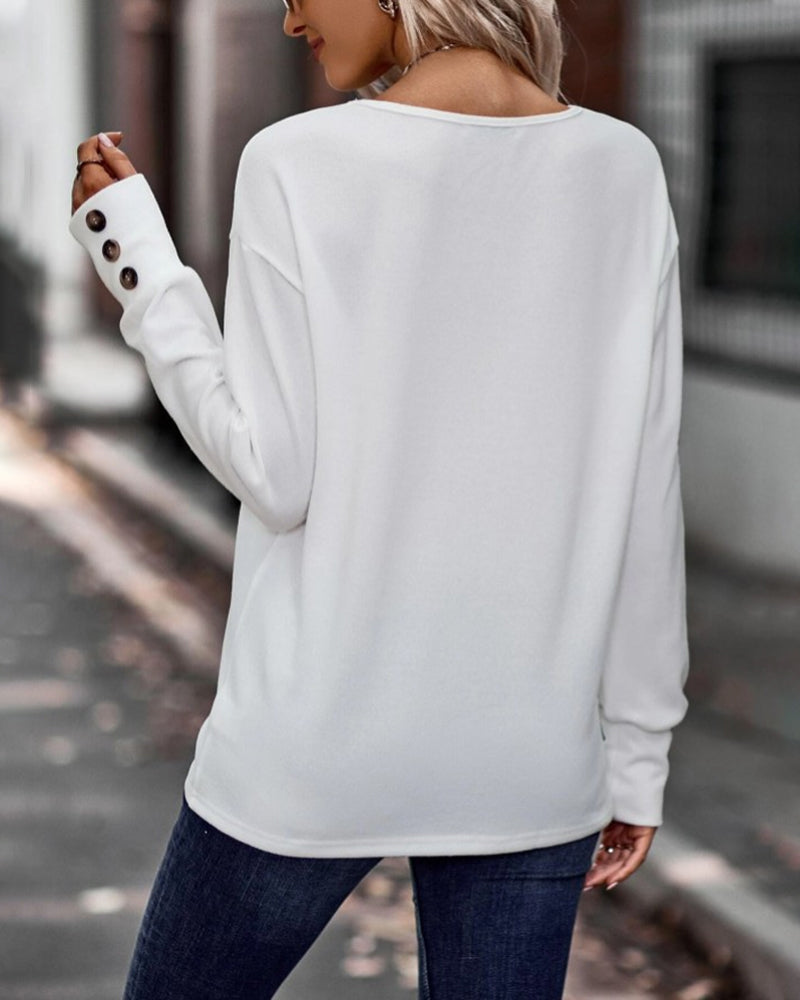 Solid V-Neck Top with Button Details and Long Sleeves