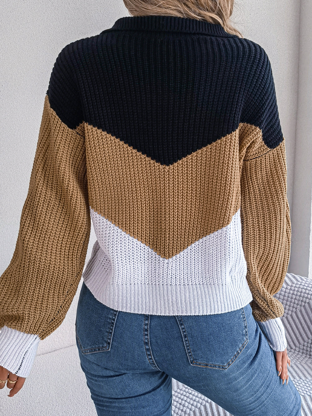Easygoing V-Neck Striped Patchwork Sweater