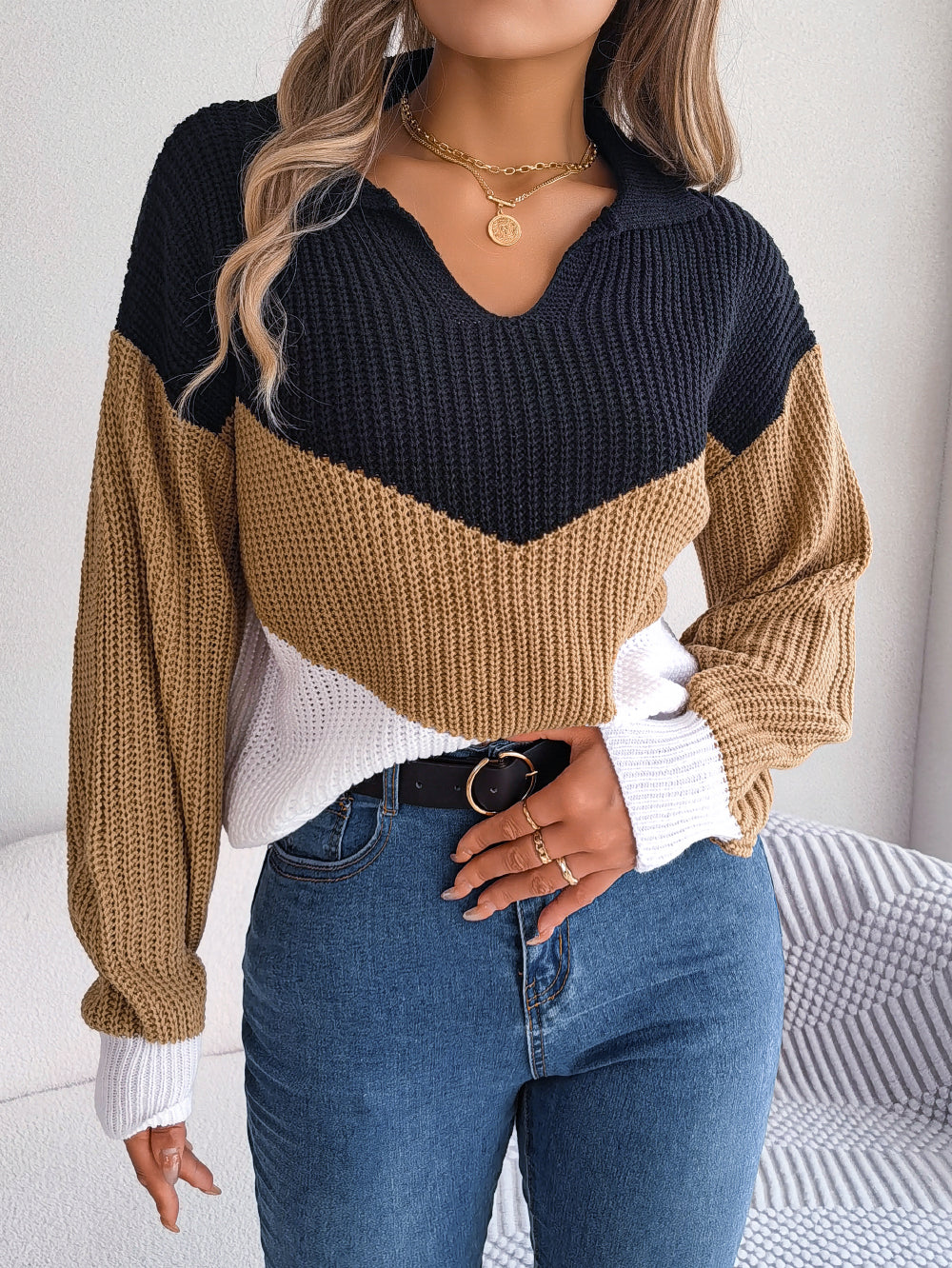 Easygoing V-Neck Striped Patchwork Sweater