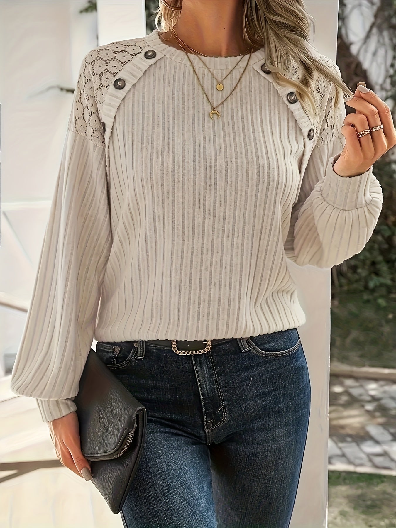 Emma | Stylish Polyester Women's Sweatshirt with Lace Shoulder Details and Button Accents