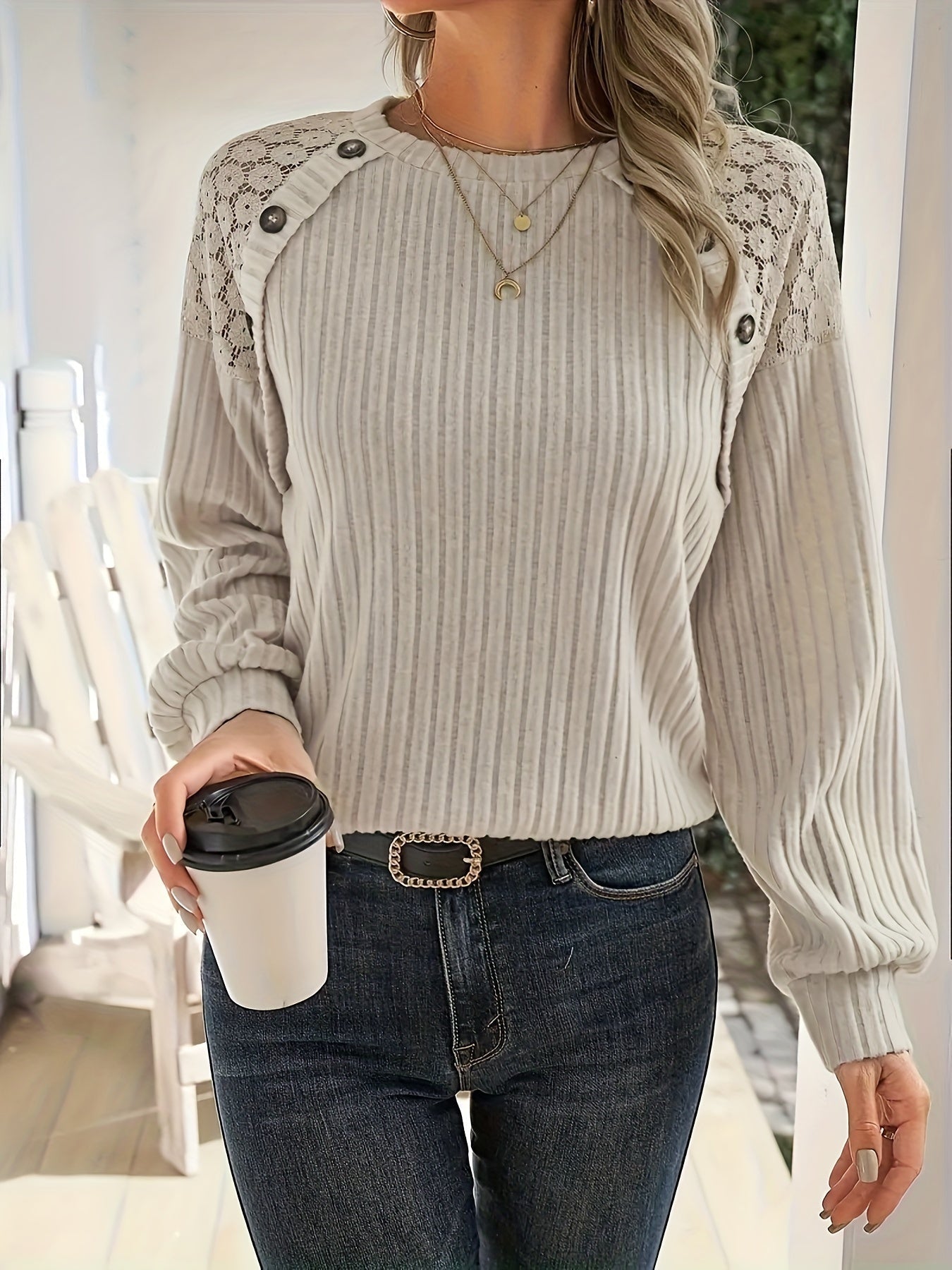Emma | Stylish Polyester Women's Sweatshirt with Lace Shoulder Details and Button Accents