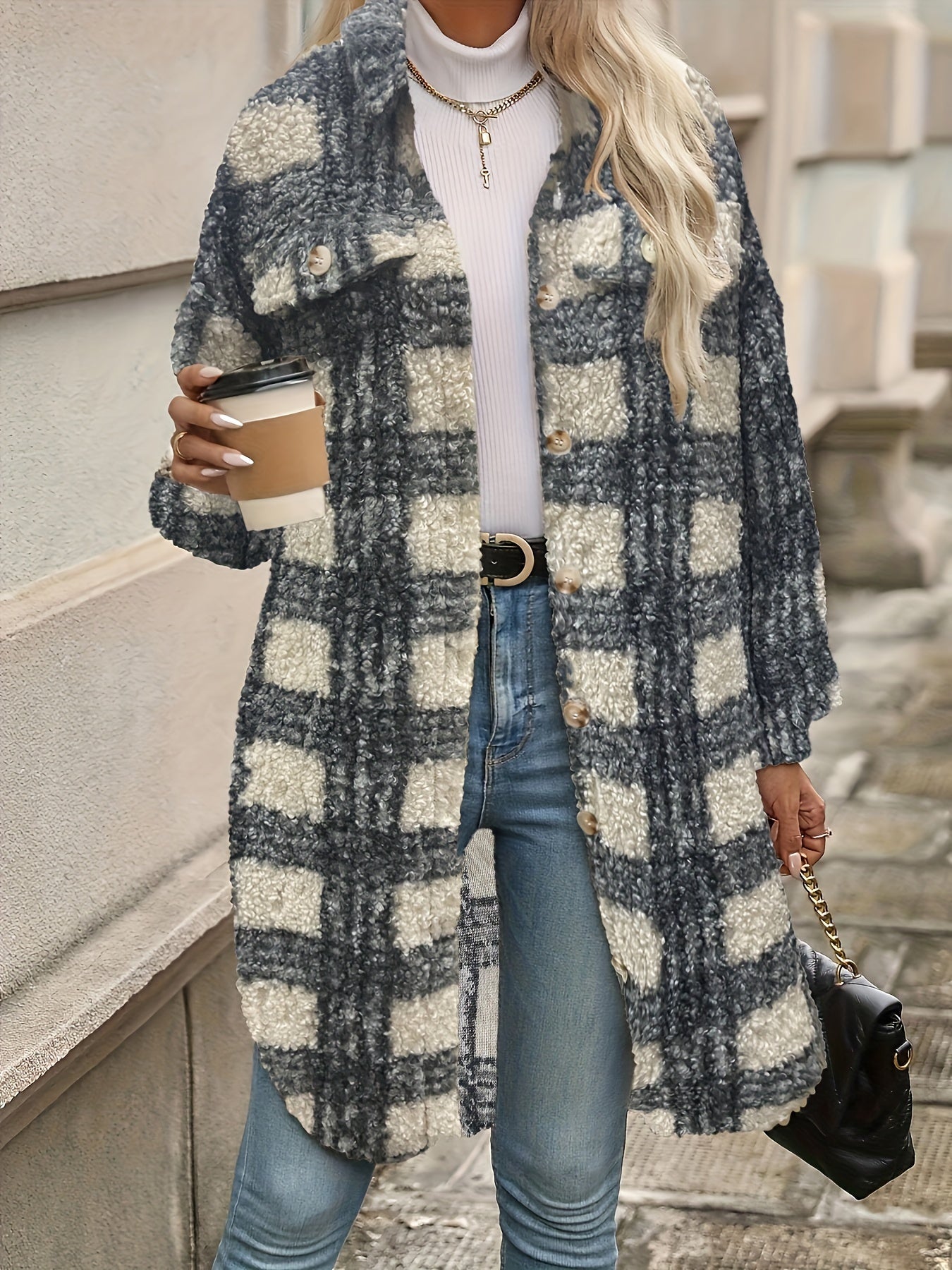 Emma | Fuzzy Patterned Checked Button Coat