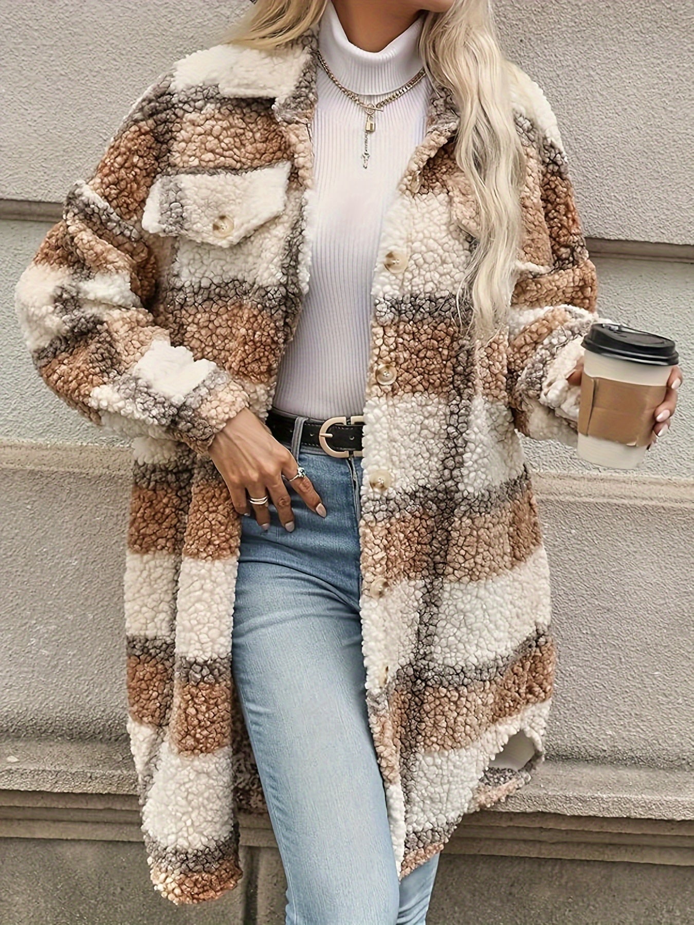 Emma | Fuzzy Patterned Checked Button Coat