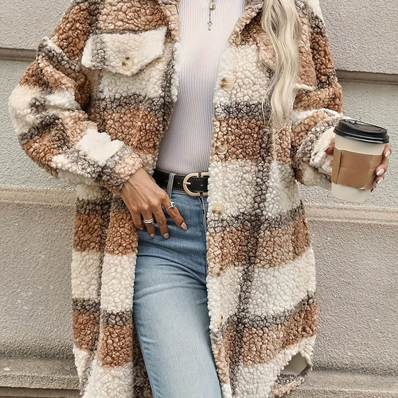Emma | Fuzzy Patterned Checked Button Coat
