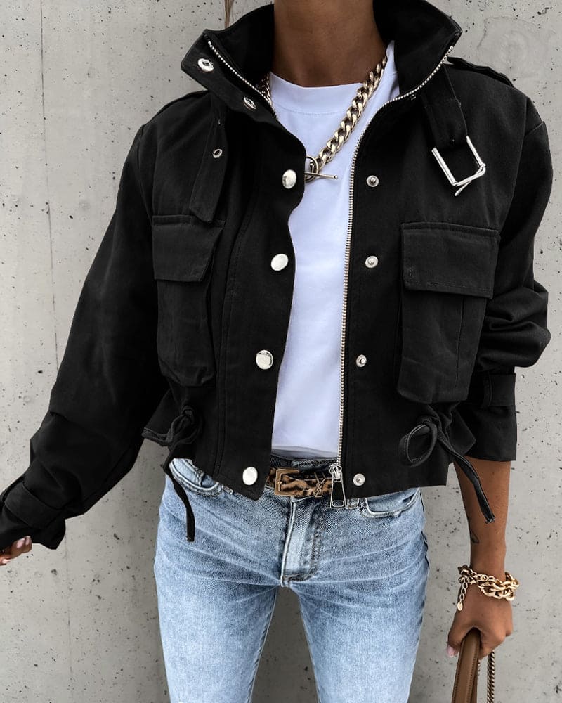 Womens Cropped Bomber Jacket with Pockets, Drawstring, and High Collar