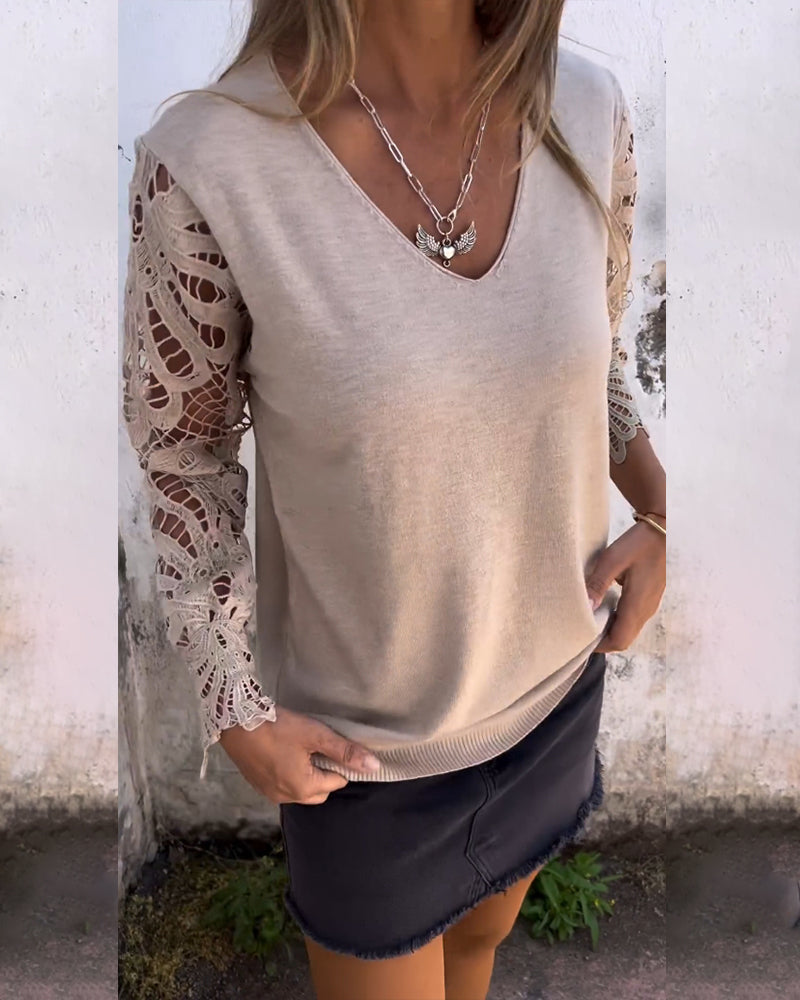 Lace-Trimmed V-Neck Cropped Sweater