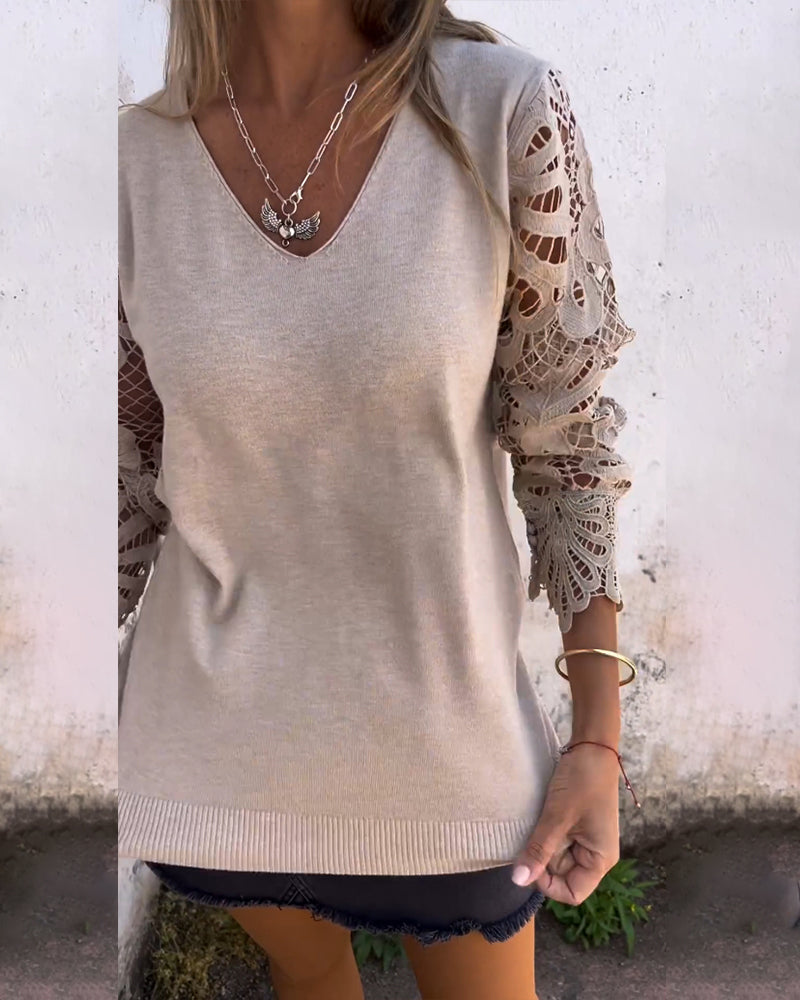 Lace-Trimmed V-Neck Cropped Sweater