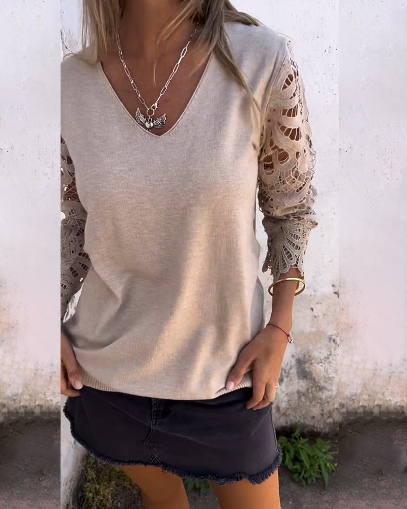 Lace-Trimmed V-Neck Cropped Sweater