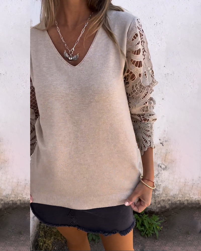 Lace-Trimmed V-Neck Cropped Sweater