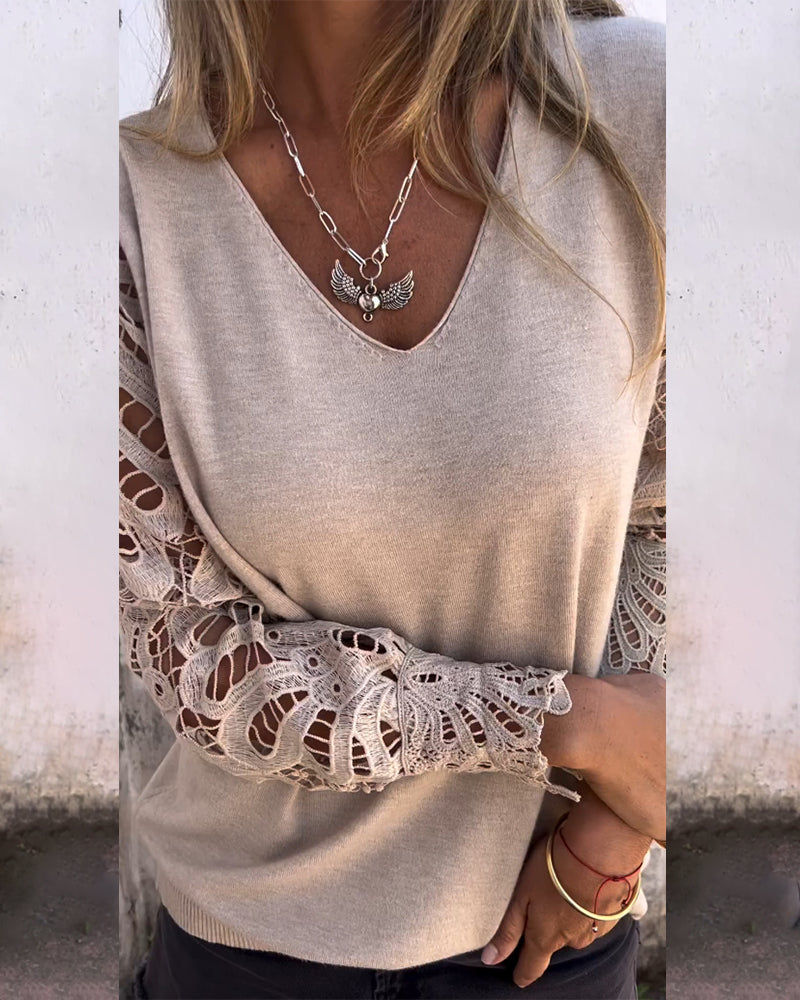 Lace-Trimmed V-Neck Cropped Sweater