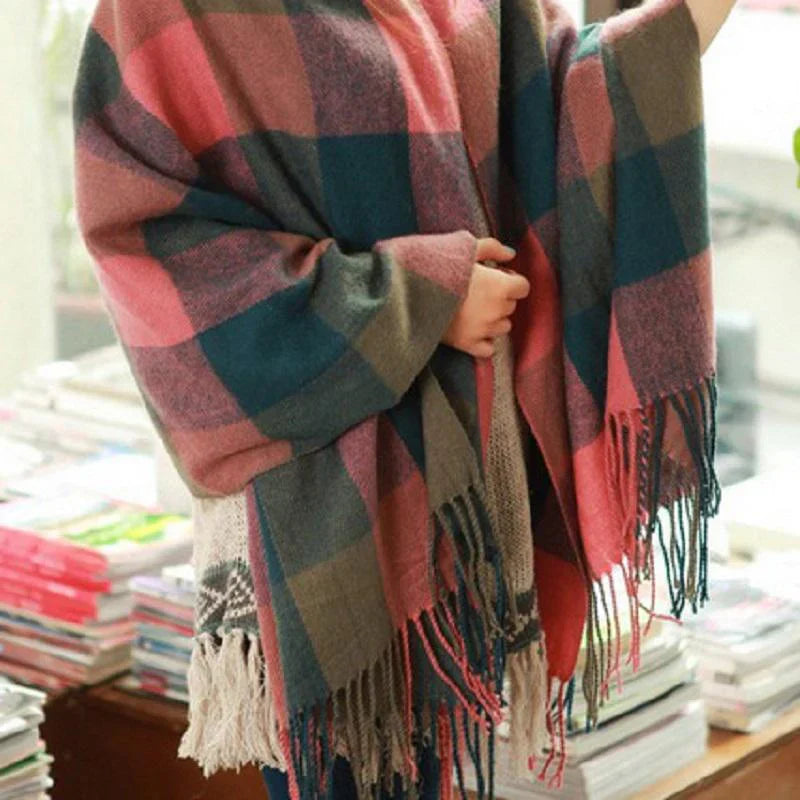 Oversized Luxe Checked Winter Scarf with Fringes