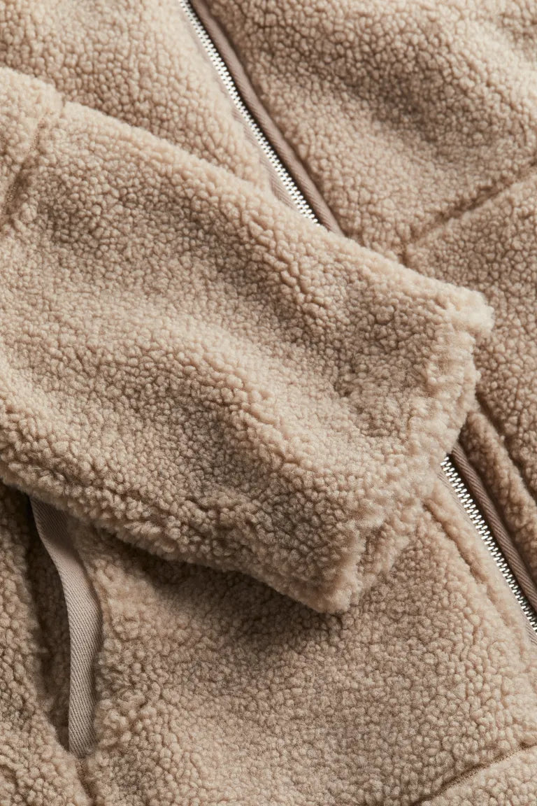 Women's Oversized Teddy Coat with Zip and High Collar for Winter