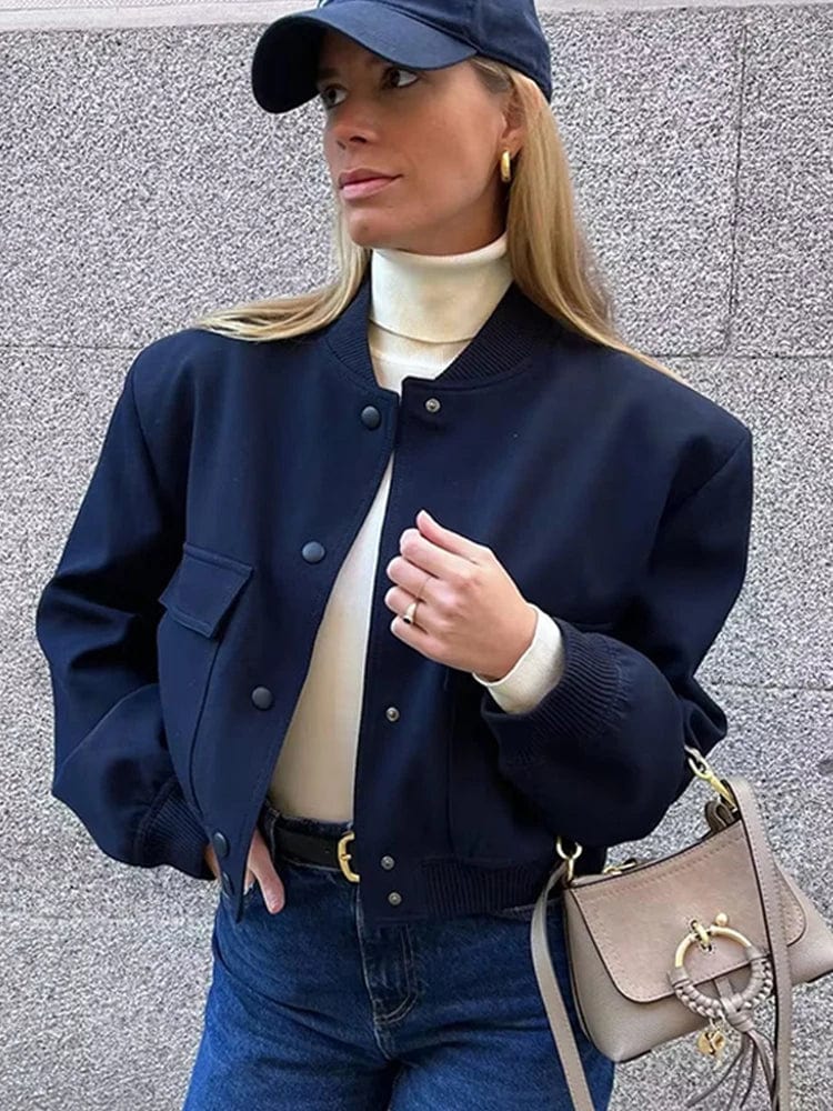 Womens Cropped Bomber Jacket with Button Closure, Flap Pockets, and Ribbed Cuffs