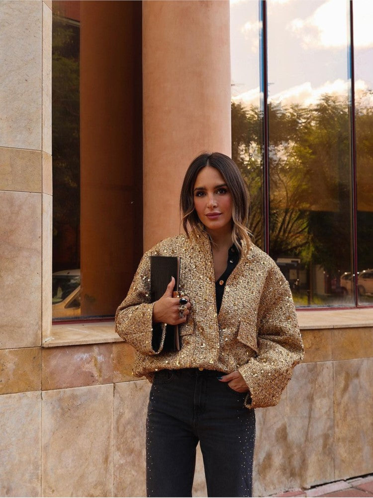 Stylish Women's Jacket Adorned with Golden Glitter Sequins