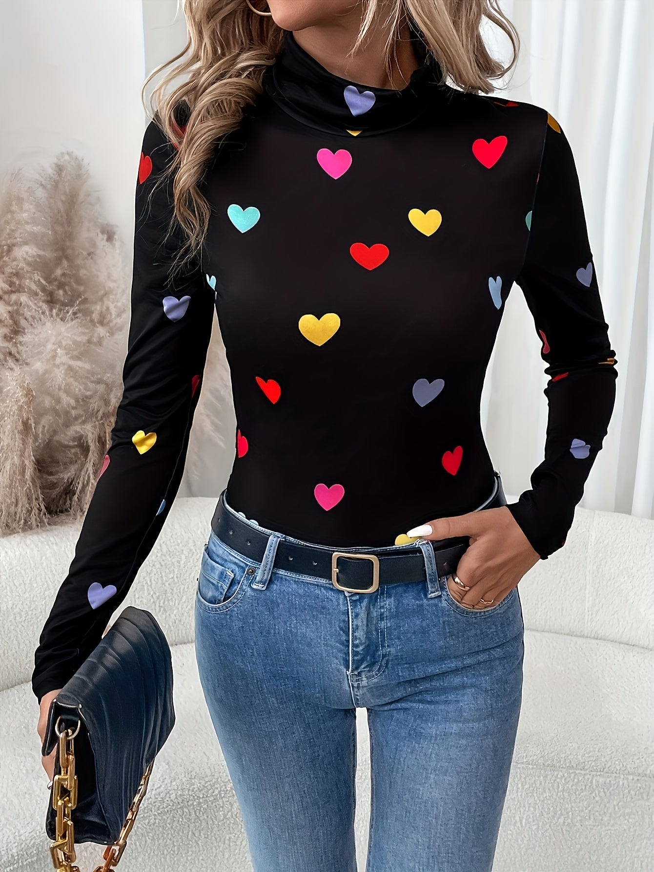 Jeanette | Stylish Long Sleeve High Neck T-Shirt with Valentine's Day Heart Print