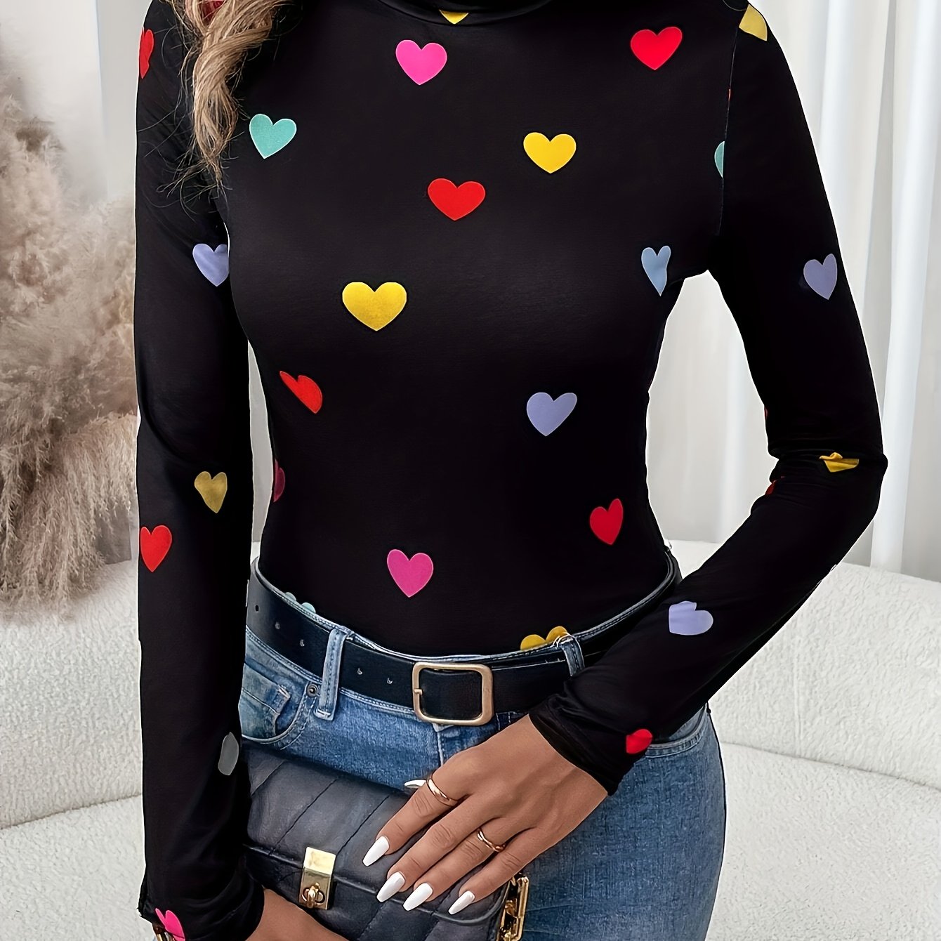 Jeanette | Stylish Long Sleeve High Neck T-Shirt with Valentine's Day Heart Print