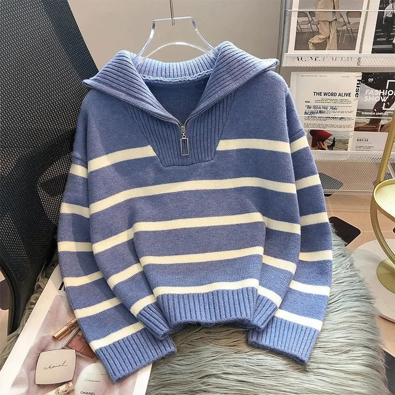Lauren | Striped Wool Knit Sweater with Fold-Down Collar and Zip Closure