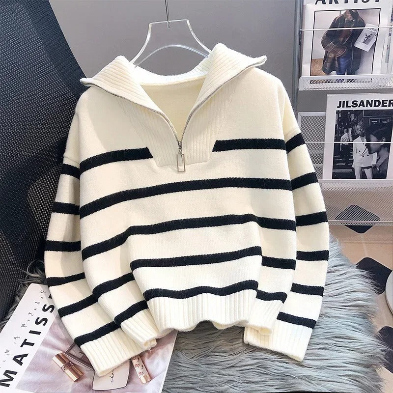 Lauren | Striped Wool Knit Sweater with Fold-Down Collar and Zip Closure