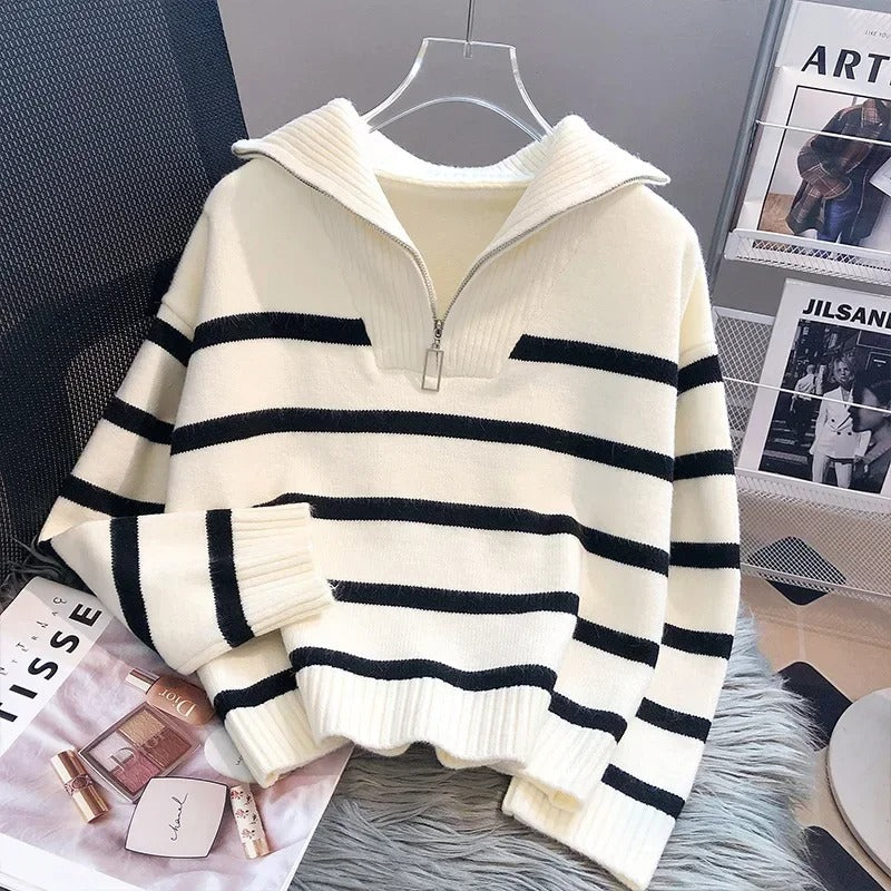 Lauren | Striped Wool Knit Sweater with Fold-Down Collar and Zip Closure