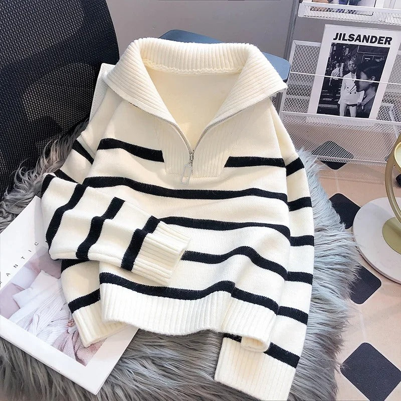 Lauren | Striped Wool Knit Sweater with Fold-Down Collar and Zip Closure