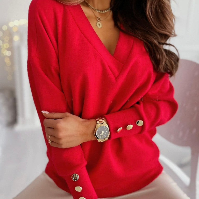 Lix V-Neck Sweater | Cozy Women's Jumper with Gold Button Accents