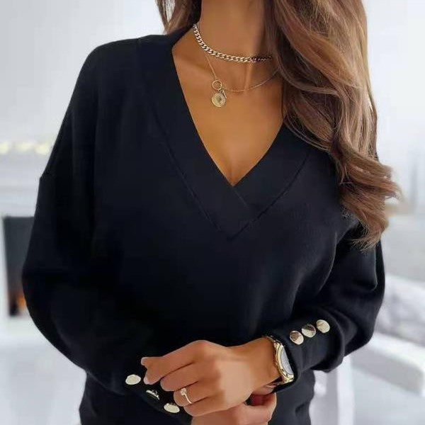 Lix V-Neck Sweater | Cozy Women's Jumper with Gold Button Accents