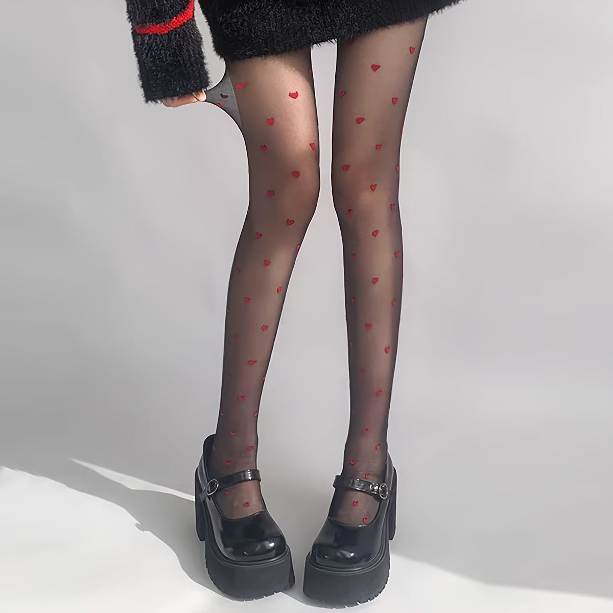 Lotte | Sheer High-Waisted Tights with Red Love Heart Design