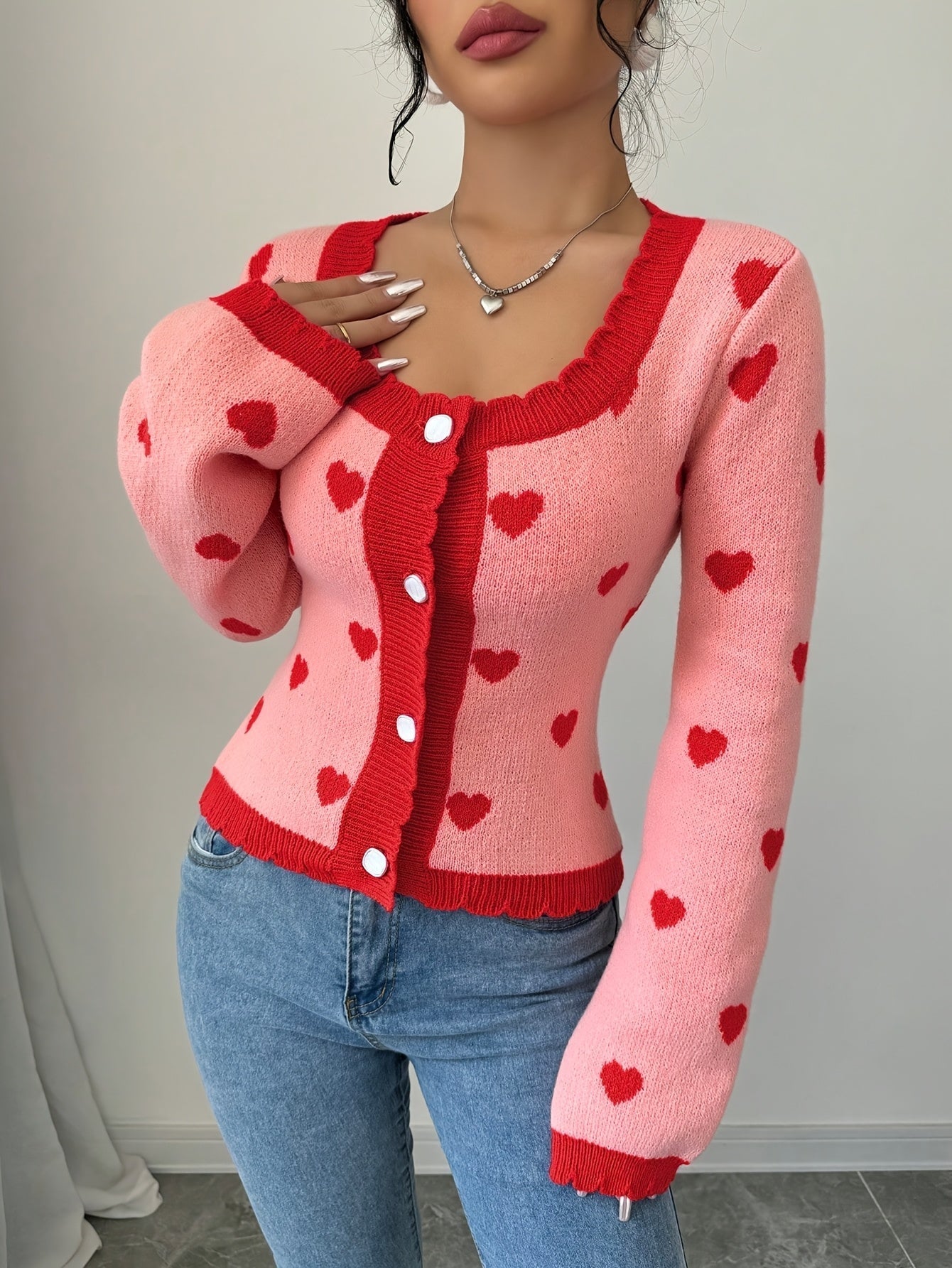 Lotte | Chic Red & Pink Heart Pattern Cardigan for Women