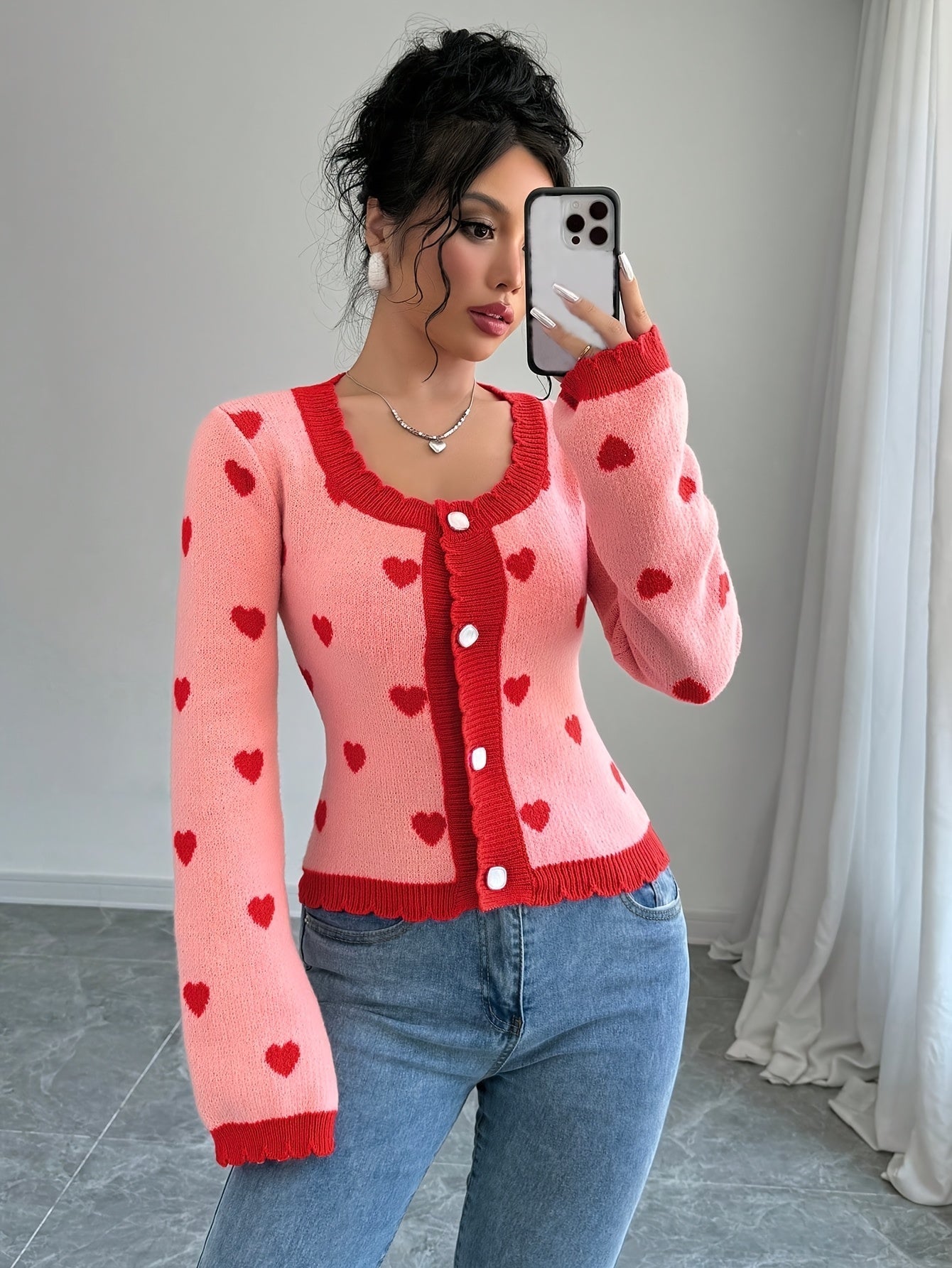Lotte | Chic Red & Pink Heart Pattern Cardigan for Women