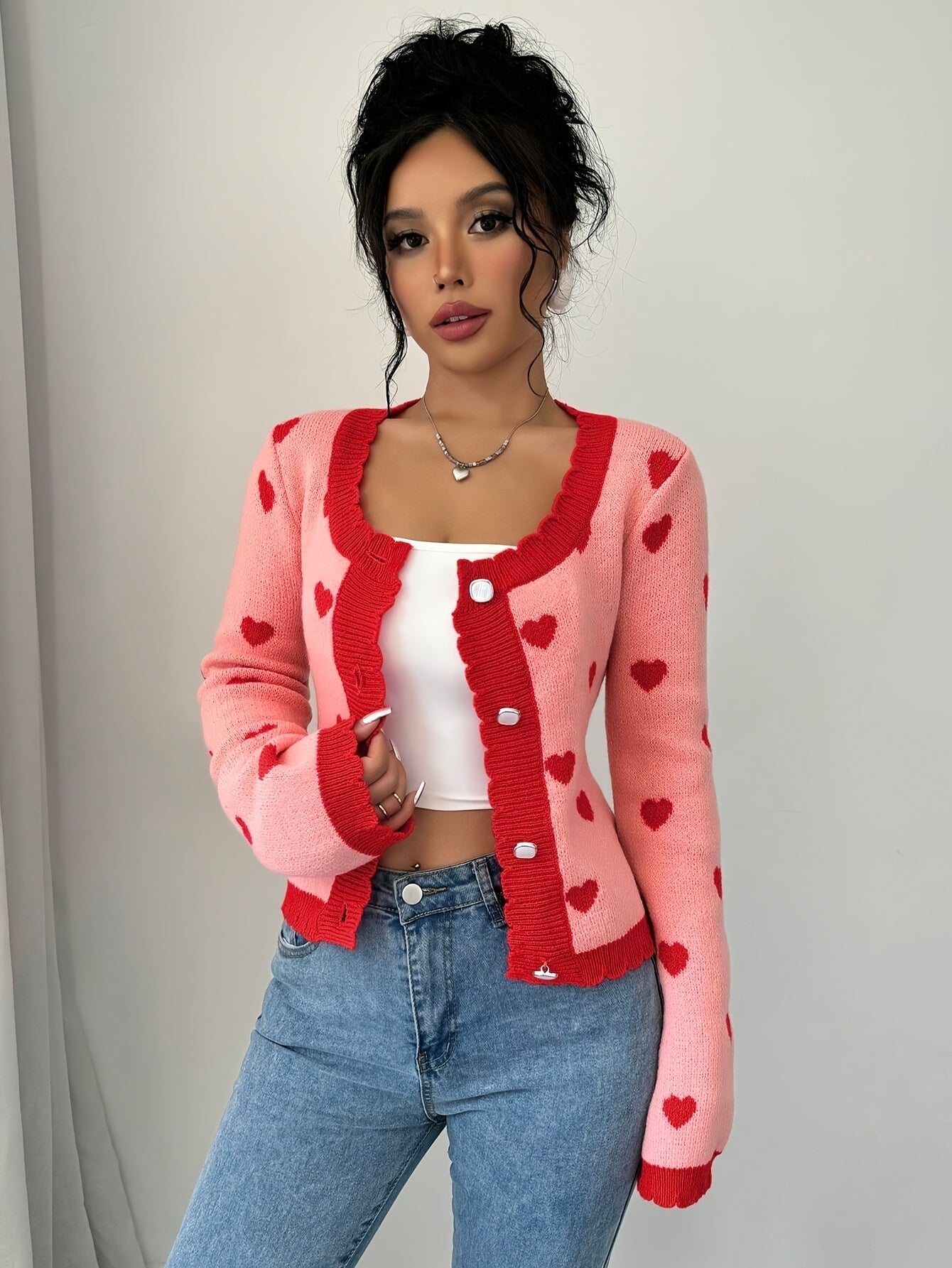 Lotte | Chic Red & Pink Heart Pattern Cardigan for Women
