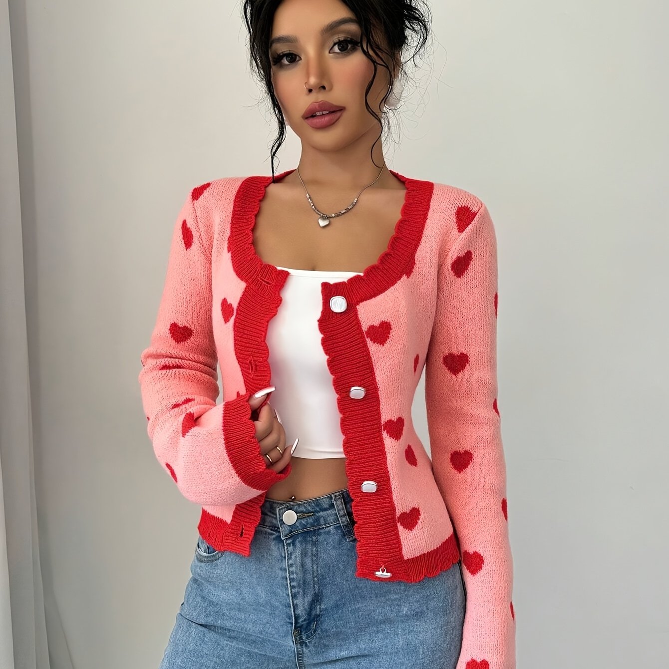 Lotte | Chic Red & Pink Heart Pattern Cardigan for Women