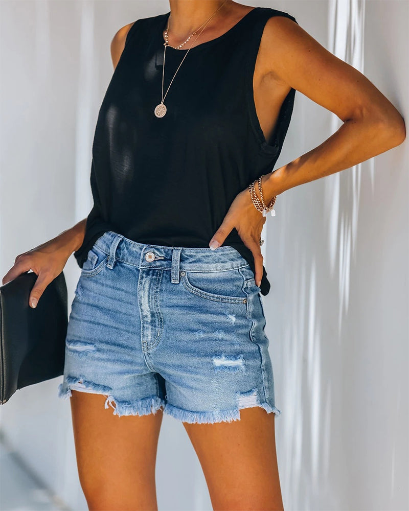 Distressed Mid-Rise Denim Shorts