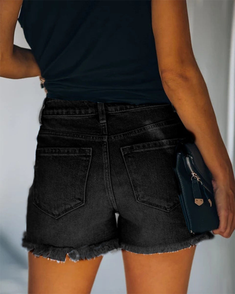 Distressed Mid-Rise Denim Shorts