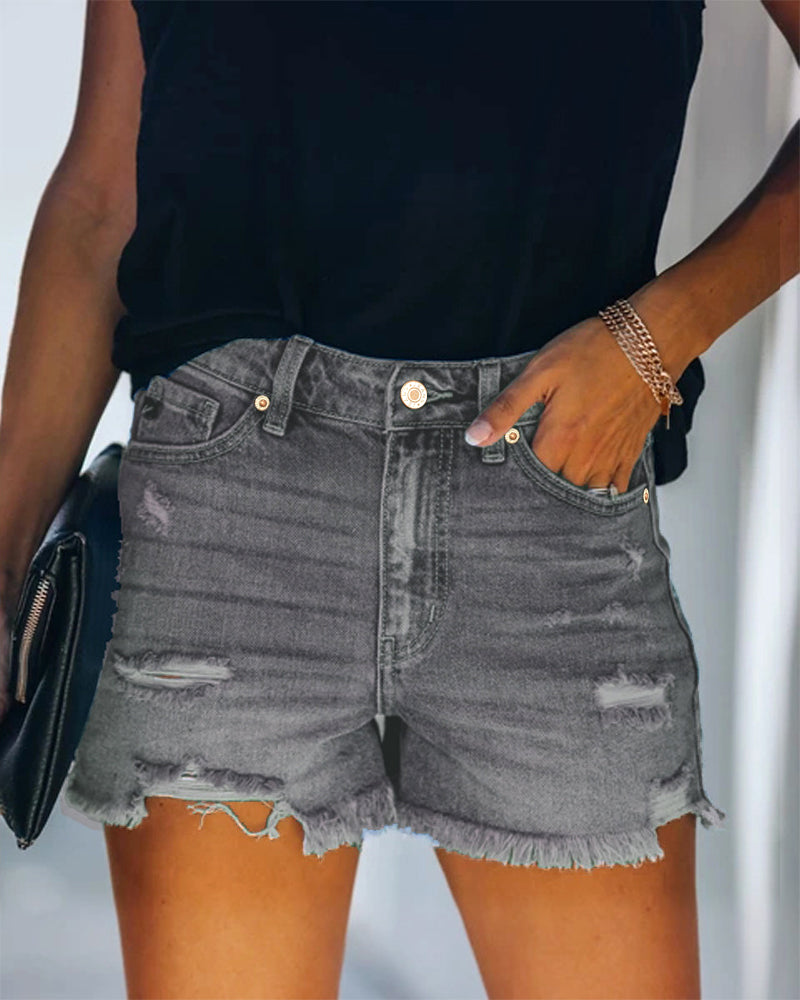Distressed Mid-Rise Denim Shorts