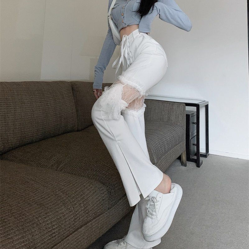 Natalia | Chic Punk-Inspired Flared Trousers with Lace Detailing
