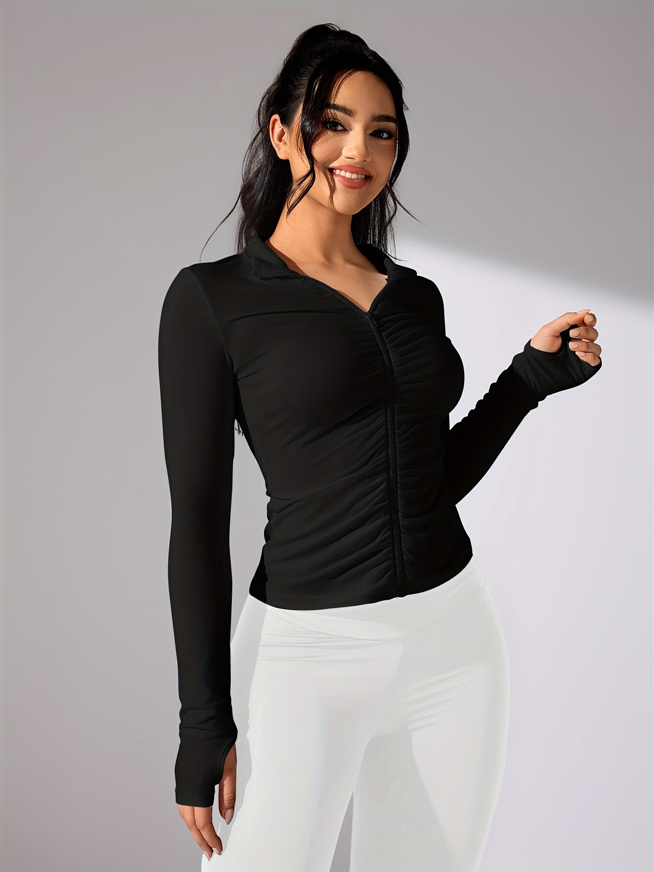 Nina | Solid Color Casual Sports Jacket with Long Sleeves and Full Zip