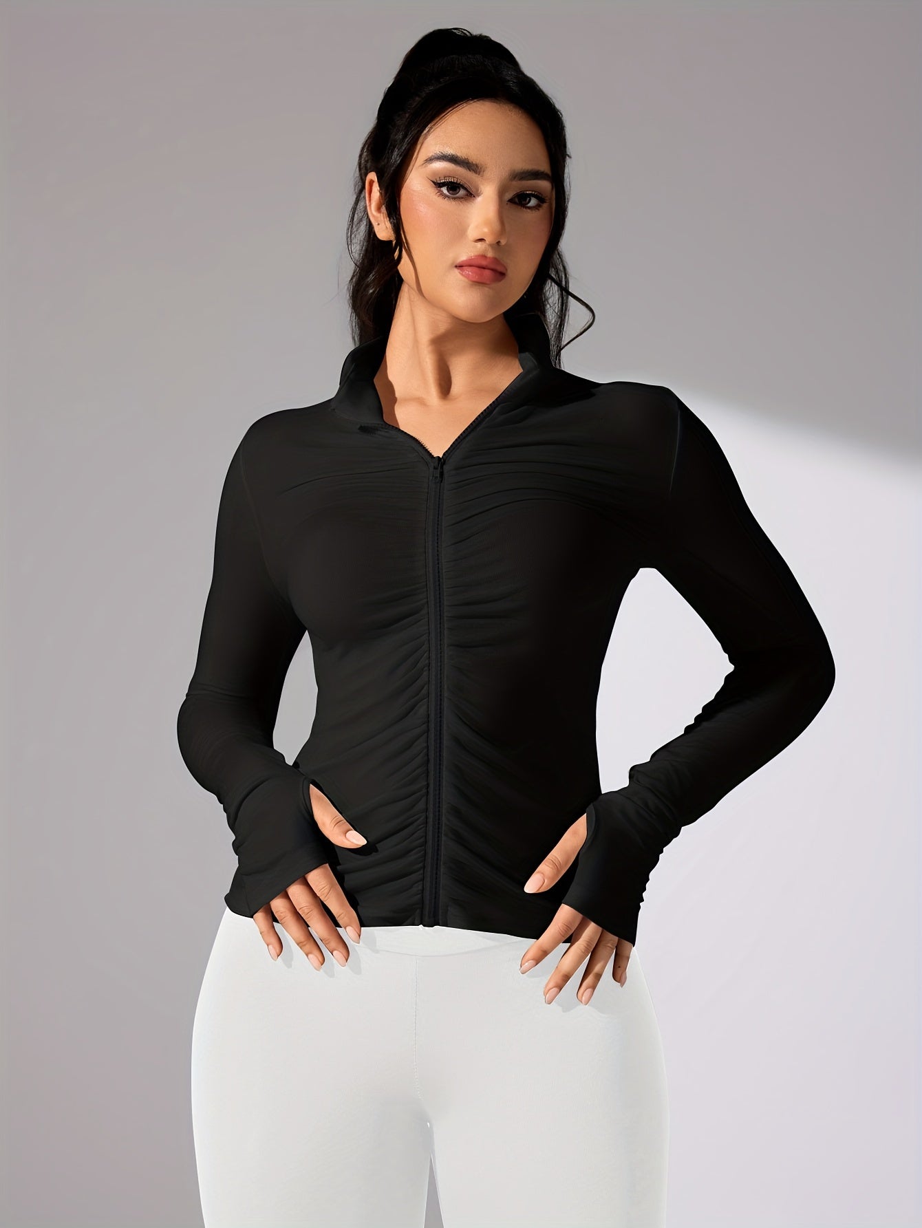 Nina | Solid Color Casual Sports Jacket with Long Sleeves and Full Zip