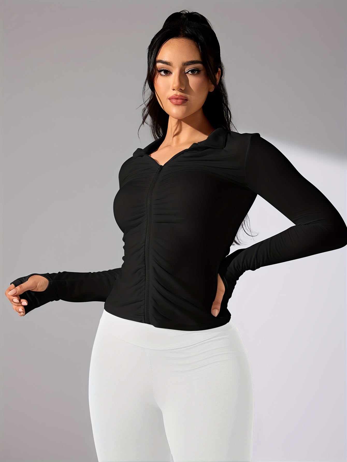 Nina | Solid Color Casual Sports Jacket with Long Sleeves and Full Zip