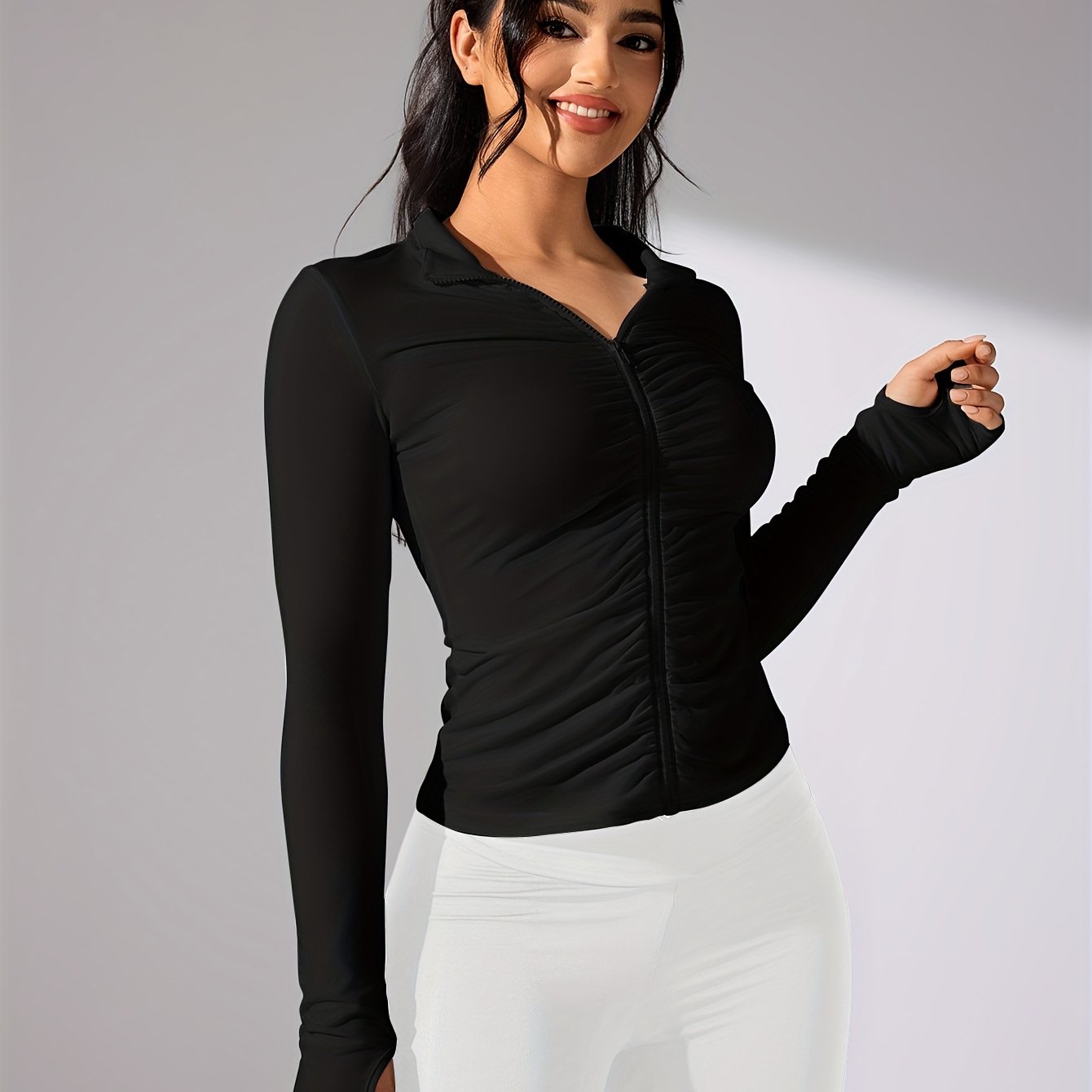 Nina | Solid Color Casual Sports Jacket with Long Sleeves and Full Zip