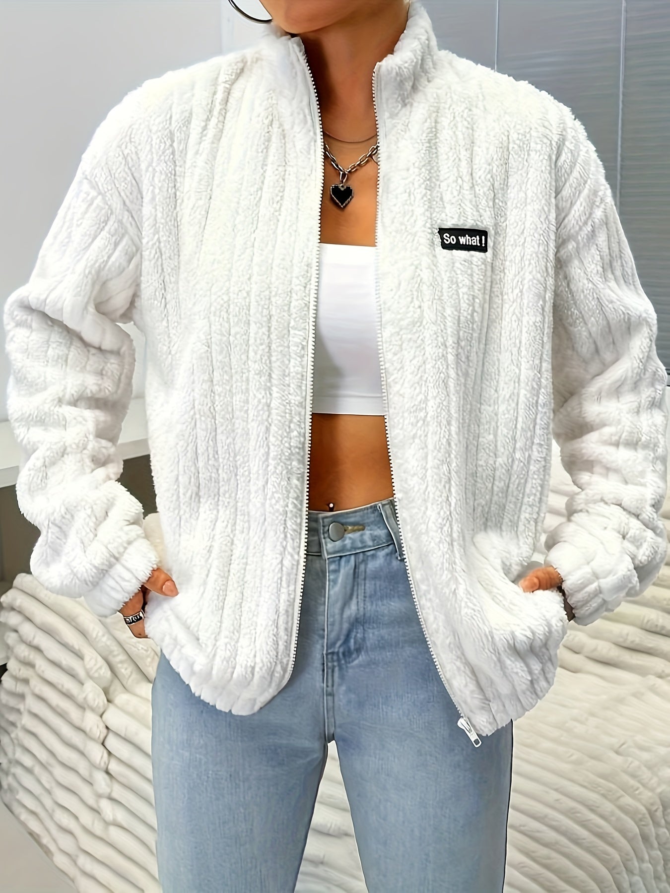Nina | Long Sleeve Zip Teddy Jacket with Ribbed Details