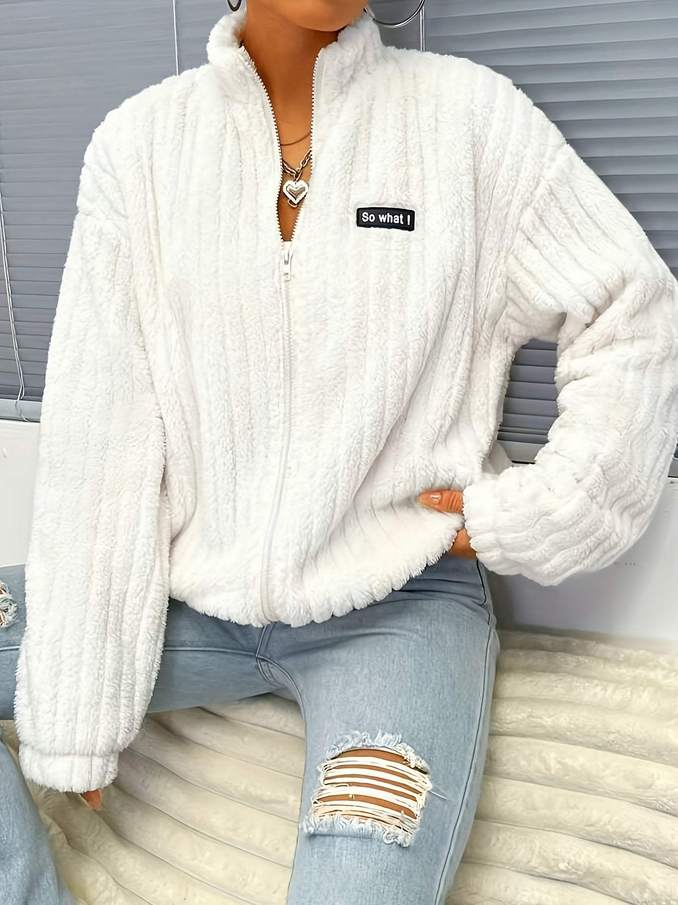 Nina | Long Sleeve Zip Teddy Jacket with Ribbed Details