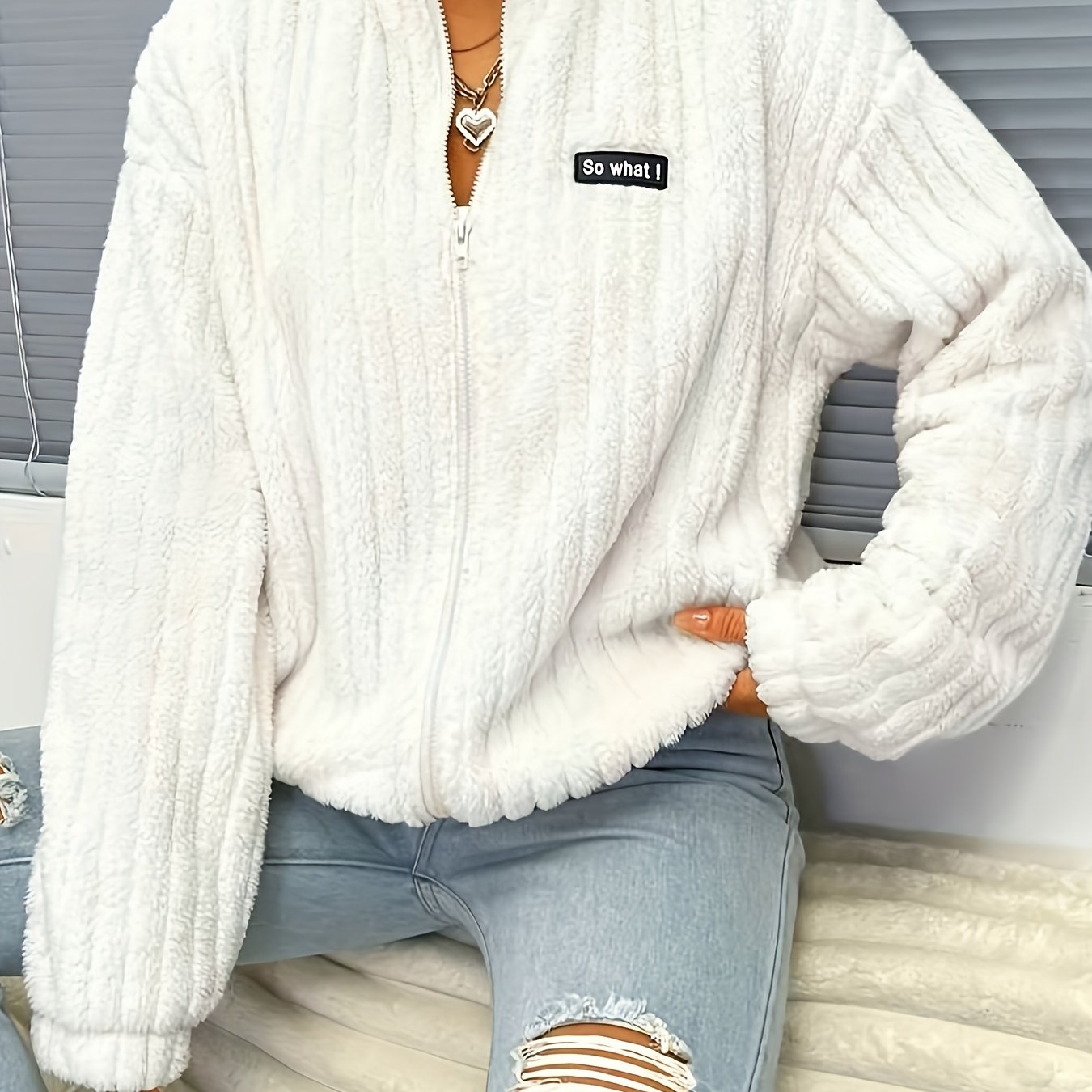Nina | Long Sleeve Zip Teddy Jacket with Ribbed Details