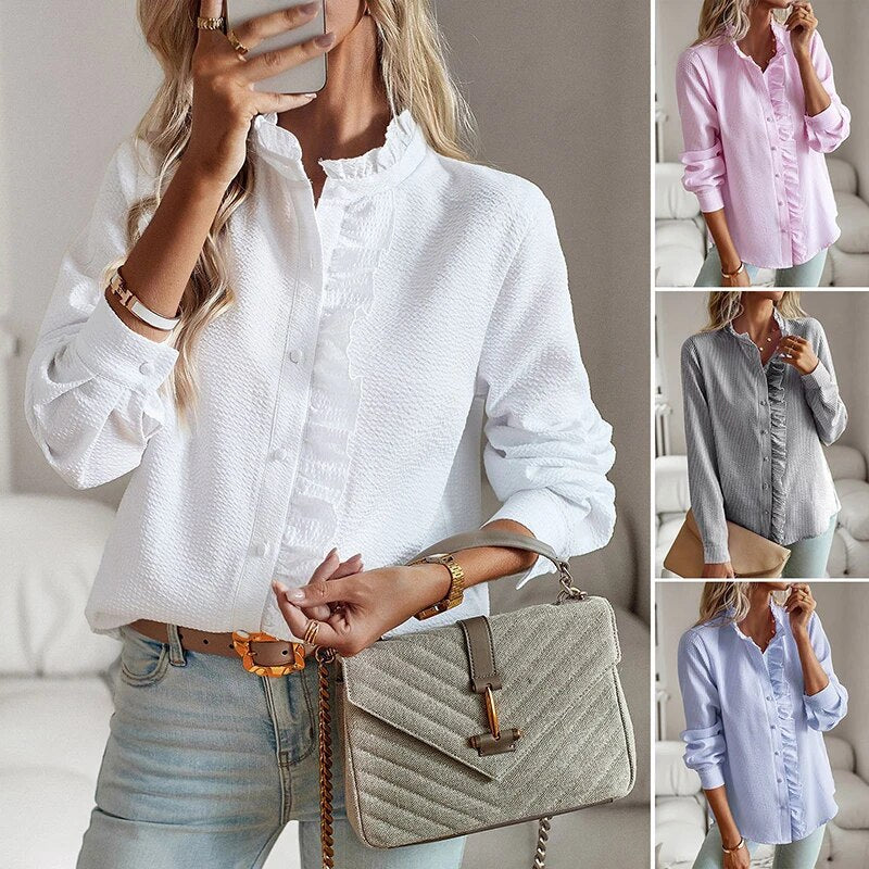 Jamie - Ruffled Blouse with Stand-Up Collar