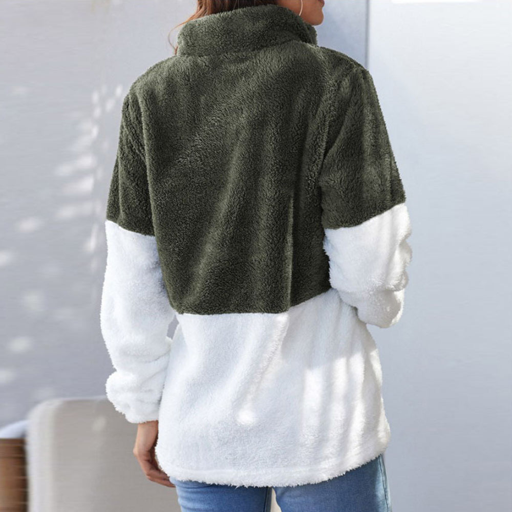 Women's High-Neck Zip-Up Patchwork Sweater