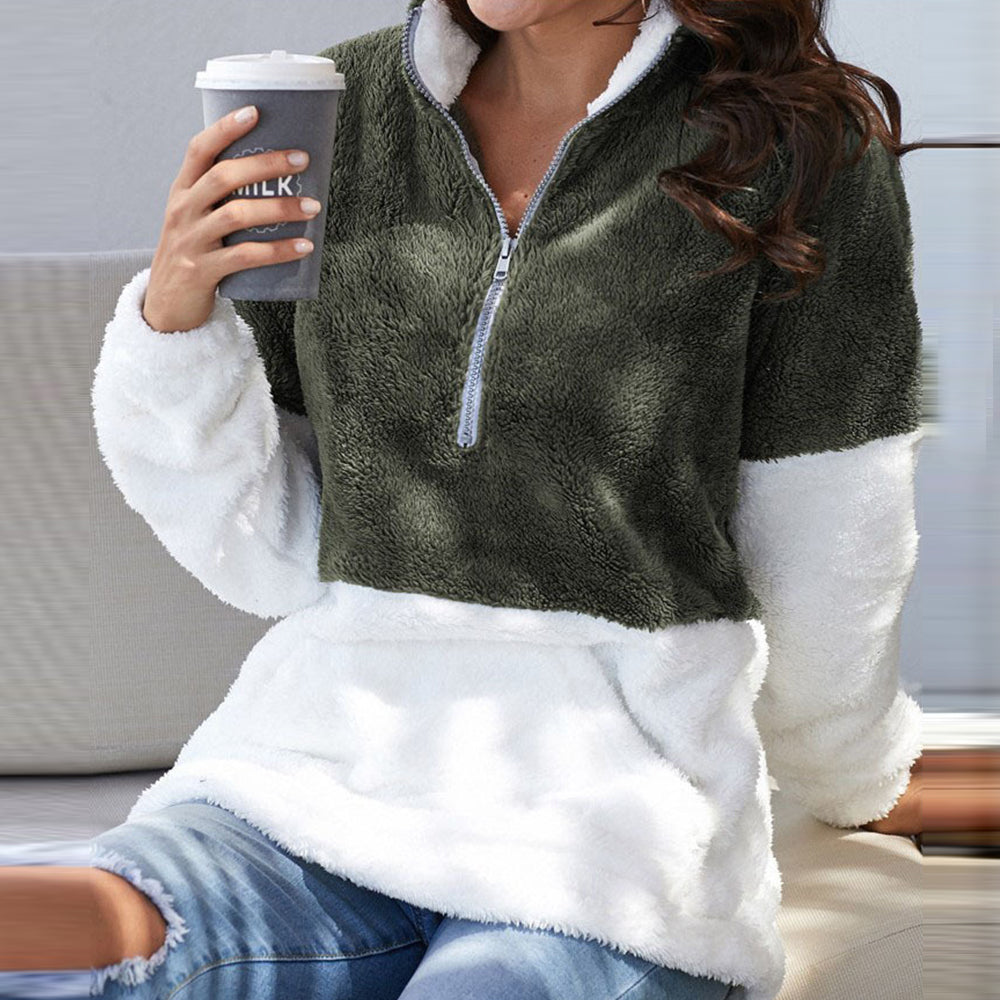 Women's High-Neck Zip-Up Patchwork Sweater