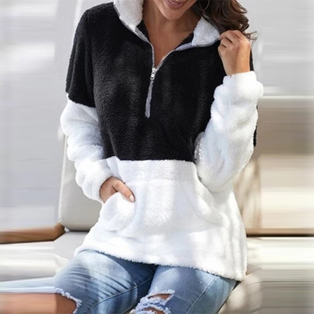 Women's High-Neck Zip-Up Patchwork Sweater