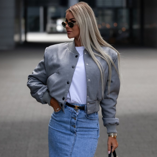 Romy | Button-Detail Short Bomber Jacket