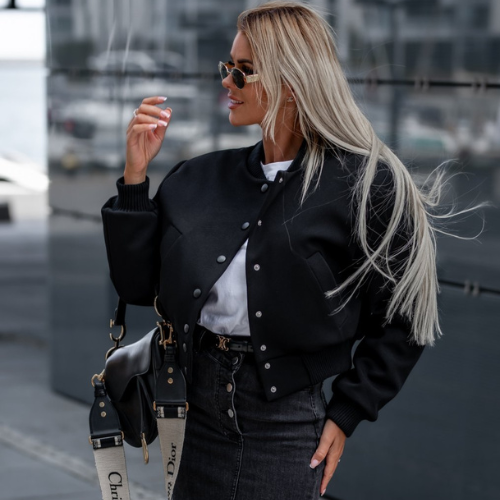 Romy | Button-Detail Short Bomber Jacket